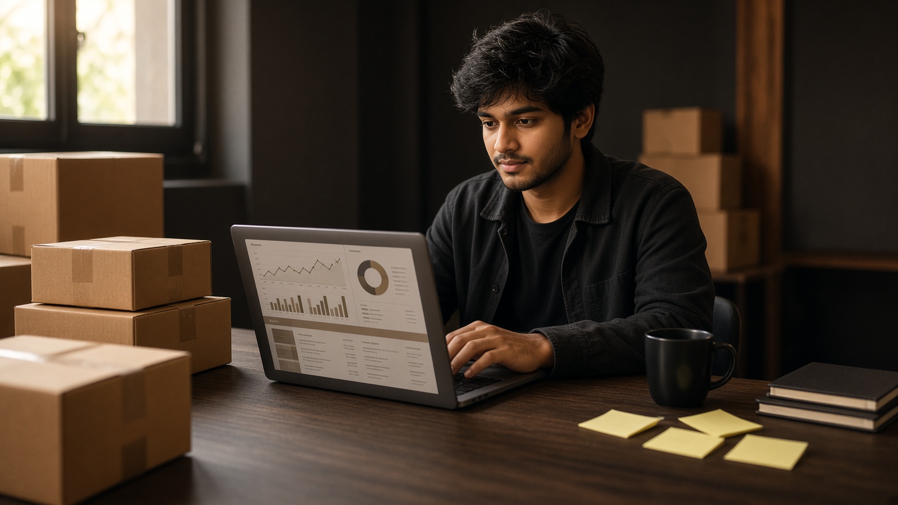 Amazon seller at a desk with listings and shipping boxes